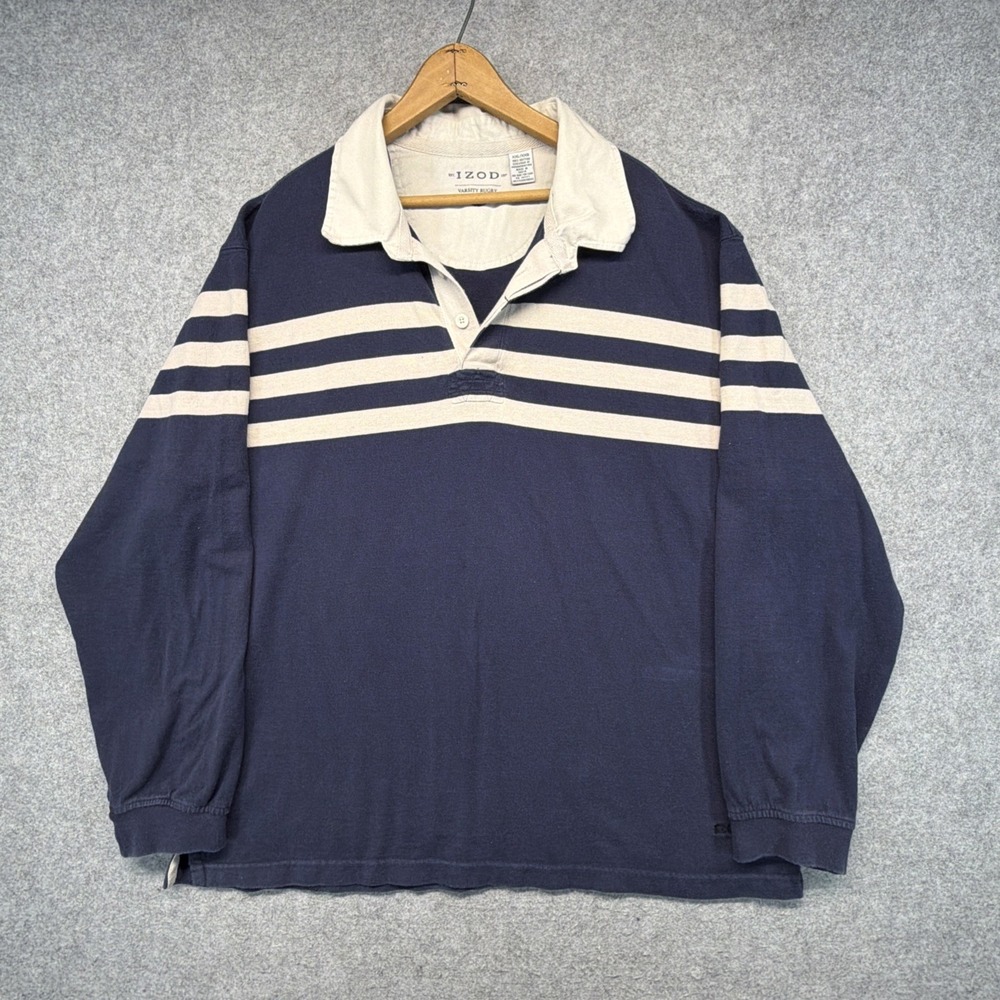 Vintage Izod Rugby Shirt Mens XXL Blue Heavy Cotton Long Sleeve Polo Y2K